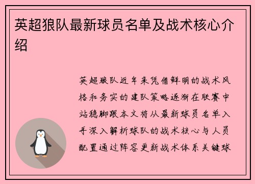 英超狼队最新球员名单及战术核心介绍